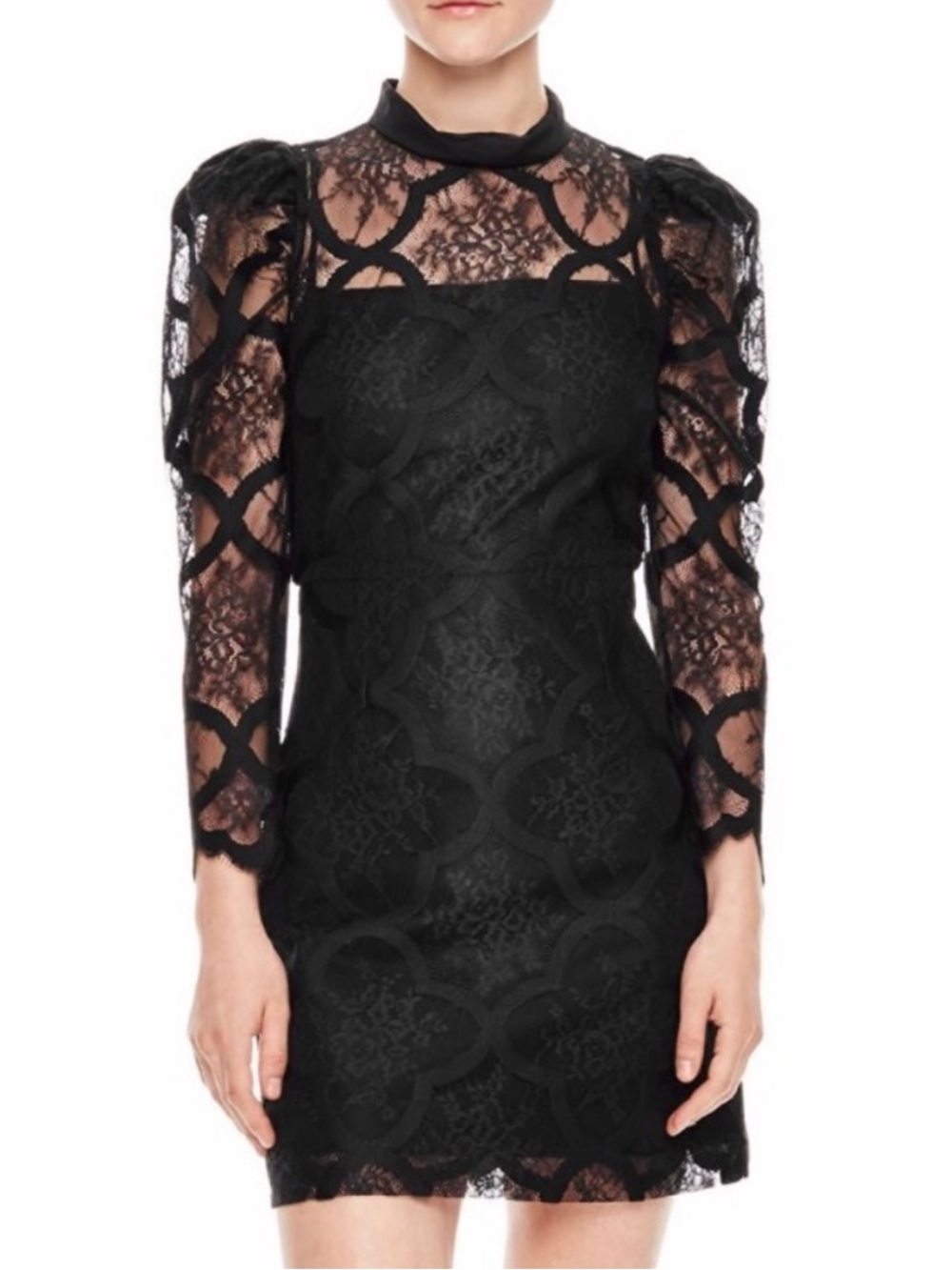 Sandro Paris Coeur Black Lace High Neck Long Sleeve Mini Dress